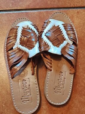 Mexican Leather Huarache Slides in Brown and White